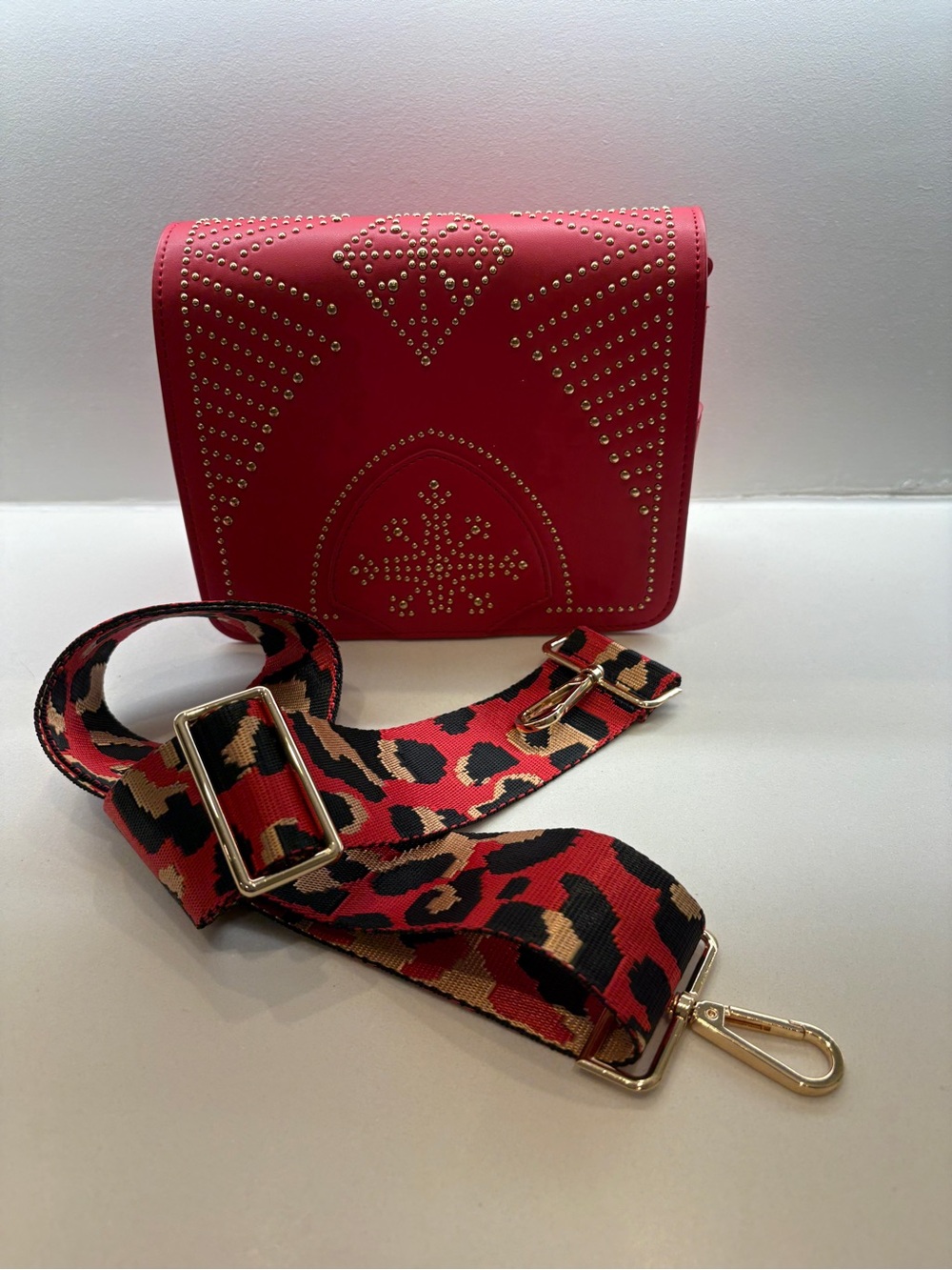 Sharif Red Crossbody Bag with Leopard-Print Strap